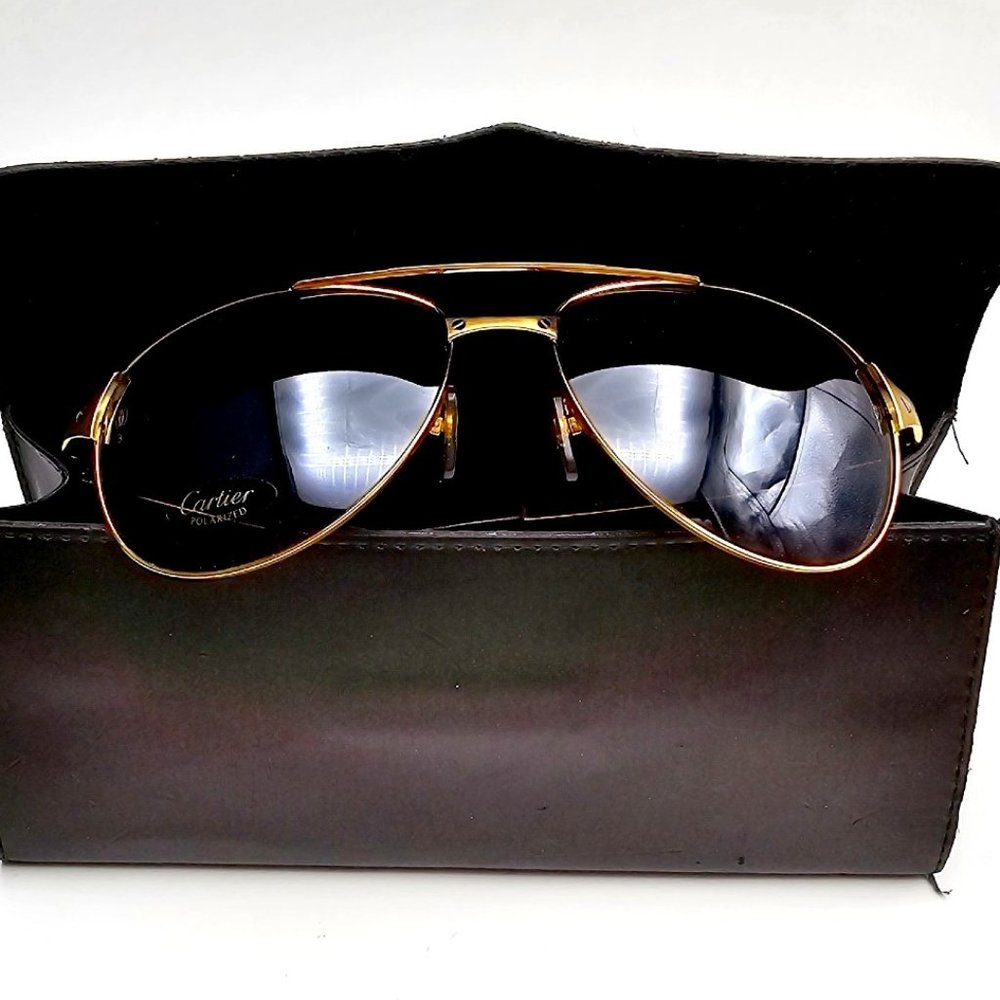 CARTIER Polarized Gold Bushed Metal Santos - Dumont Sunglasses